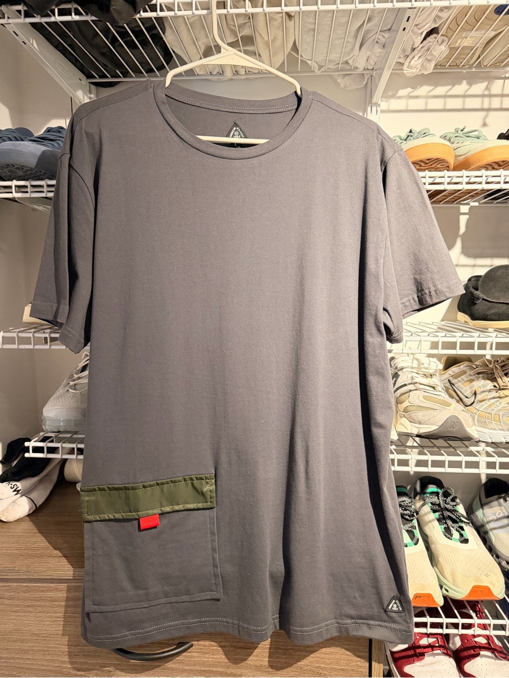 American Stitch Gray Short-Sleeve Crewneck T-Shirt with Olive Pocket and Red Tab